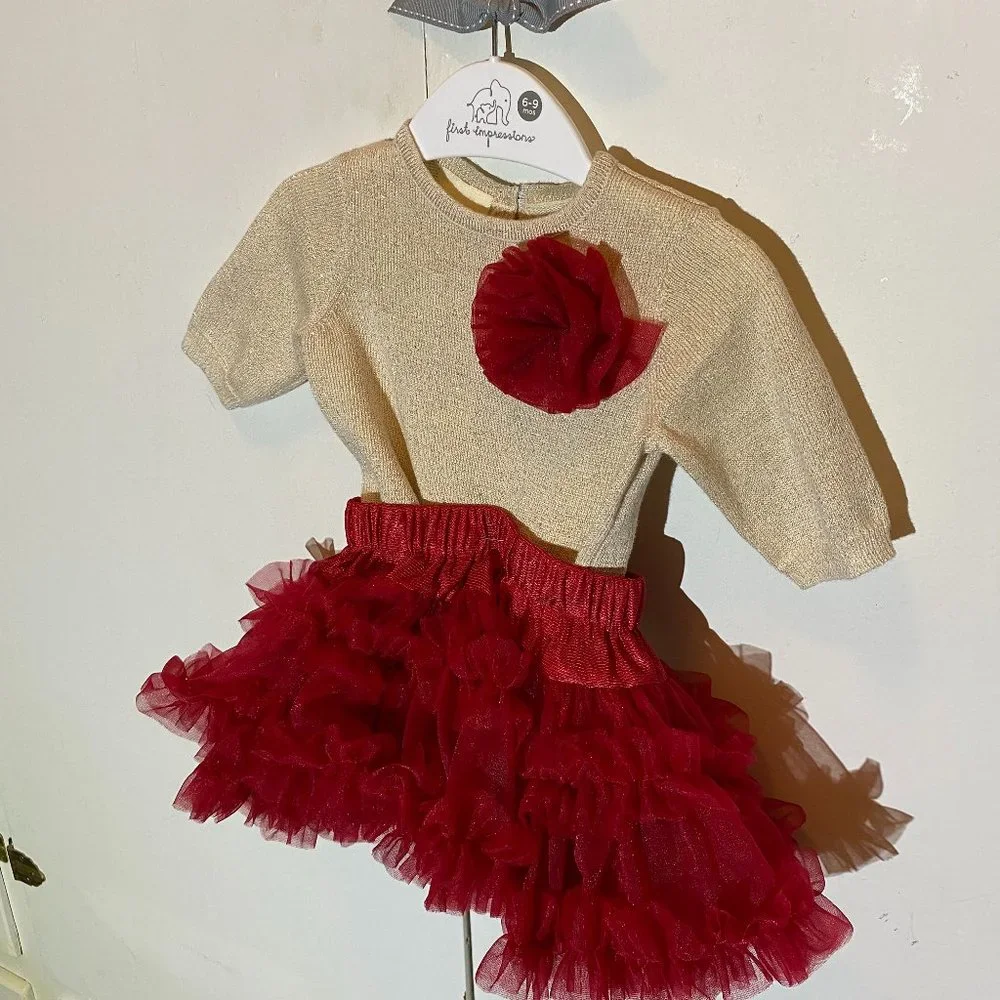 First Impressions Baby Girl Sweater/Ruffled Skirt & Black Velvet Shoes